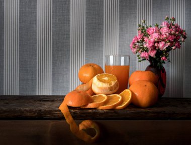 Portakal natürmort görsel sanat, haplı portakal, dilimlenmiş portakal,