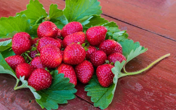 Fresh strawberries with strawberry leaves on rwooden table