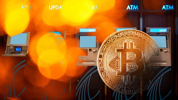 Золотий біткойн символ Bitcoin crytocurrency з блоч — стокове фото