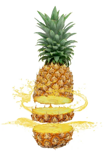 Nahaufnahme einer in Scheiben geschnittenen Ananas mit spritzigem Ananassaft — Stockfoto