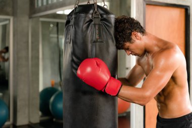 Kafkas erkek boksör boks antrenmanında spor salonunda kum torbasına yumruk atarak.
