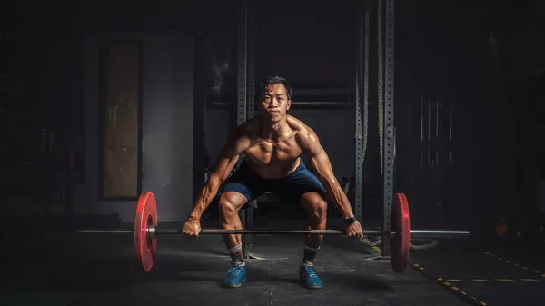 Asian Strong Athletic Man Having Workout Bodybuilding Barbells Weight Lift — Stock Photo, Image