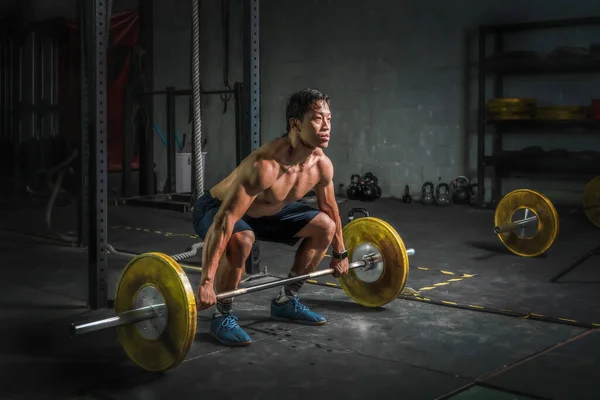 Asian Strong Athletic Man Having Workout Bodybuilding Barbells Weight Lift — Stock Photo, Image