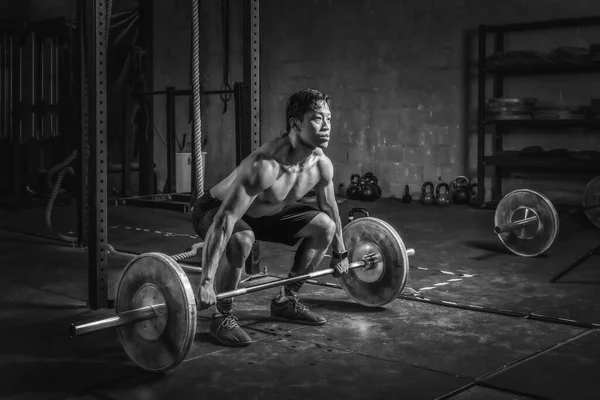 Asian Strong Athletic Man Having Workout Bodybuilding Barbells Weight Lift — Stock Photo, Image