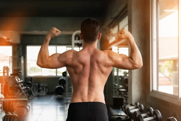 Sport Portrait Caucasian Athletics Strong Bodybuilder Man Posing Show His — Stock Photo, Image