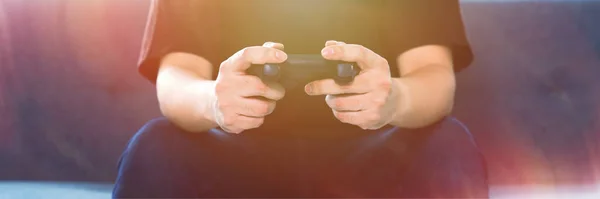 Background Man Hands Holding Video Console Game Joystick Light Flare — Stock Photo, Image