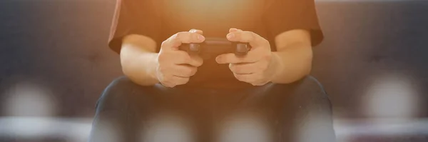 Bakgrund Man Händer Håller Video Och Konsol Spel Joystick Med — Stockfoto