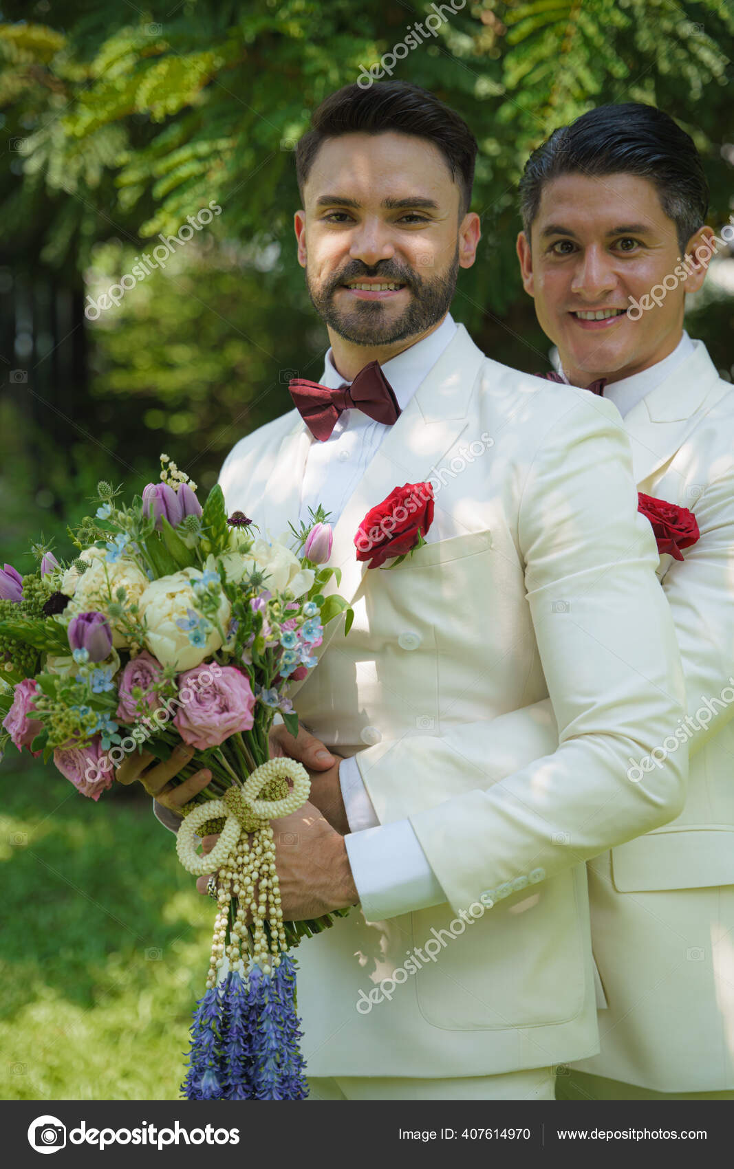 Gay Bride Groom White Suit Flower Bouquet Happy Together Lbgt