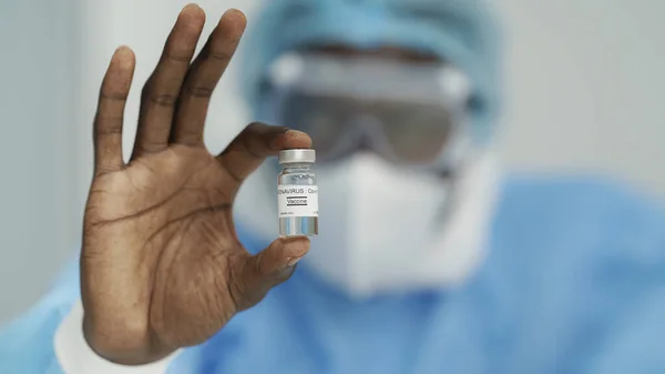 Primer Plano Vacuna Contra Coronavirus Covid Frasco Mano Del Médico —  Fotos de Stock