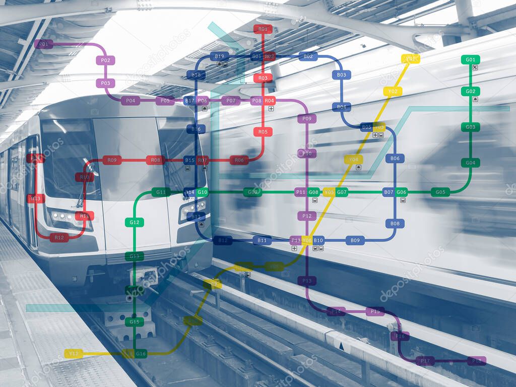 multi exposure background of metro system map and metro high speed train . concept of metro system engineering infrastucture