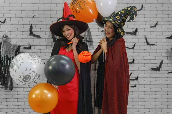 Halloween Portrait Two Women Halloween Witches Costume Balloon — Stock Photo, Image