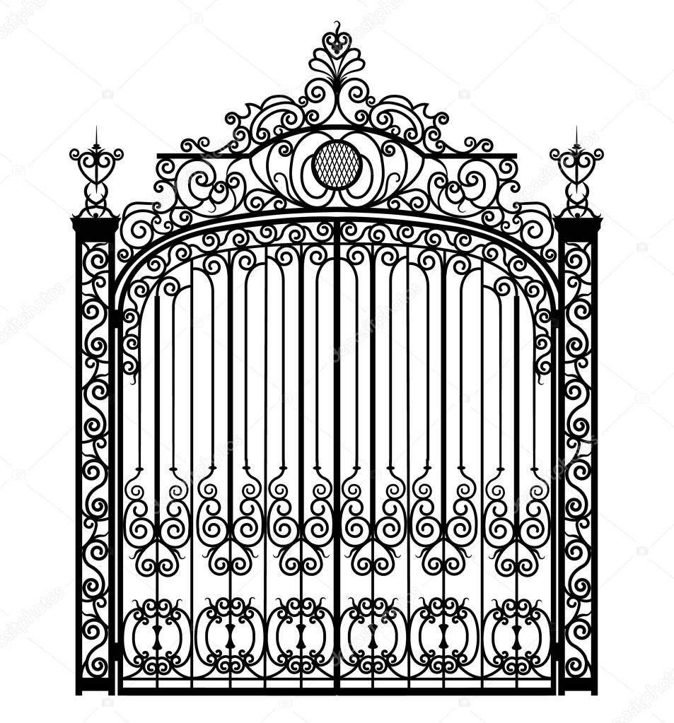 Black metal gate with forged ornaments on a white background