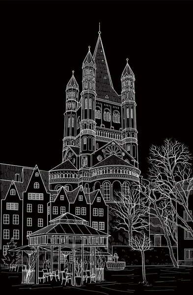 Sketch of the Cathedral of St. Martin in Cologne. Germany. Painted with chalk on black