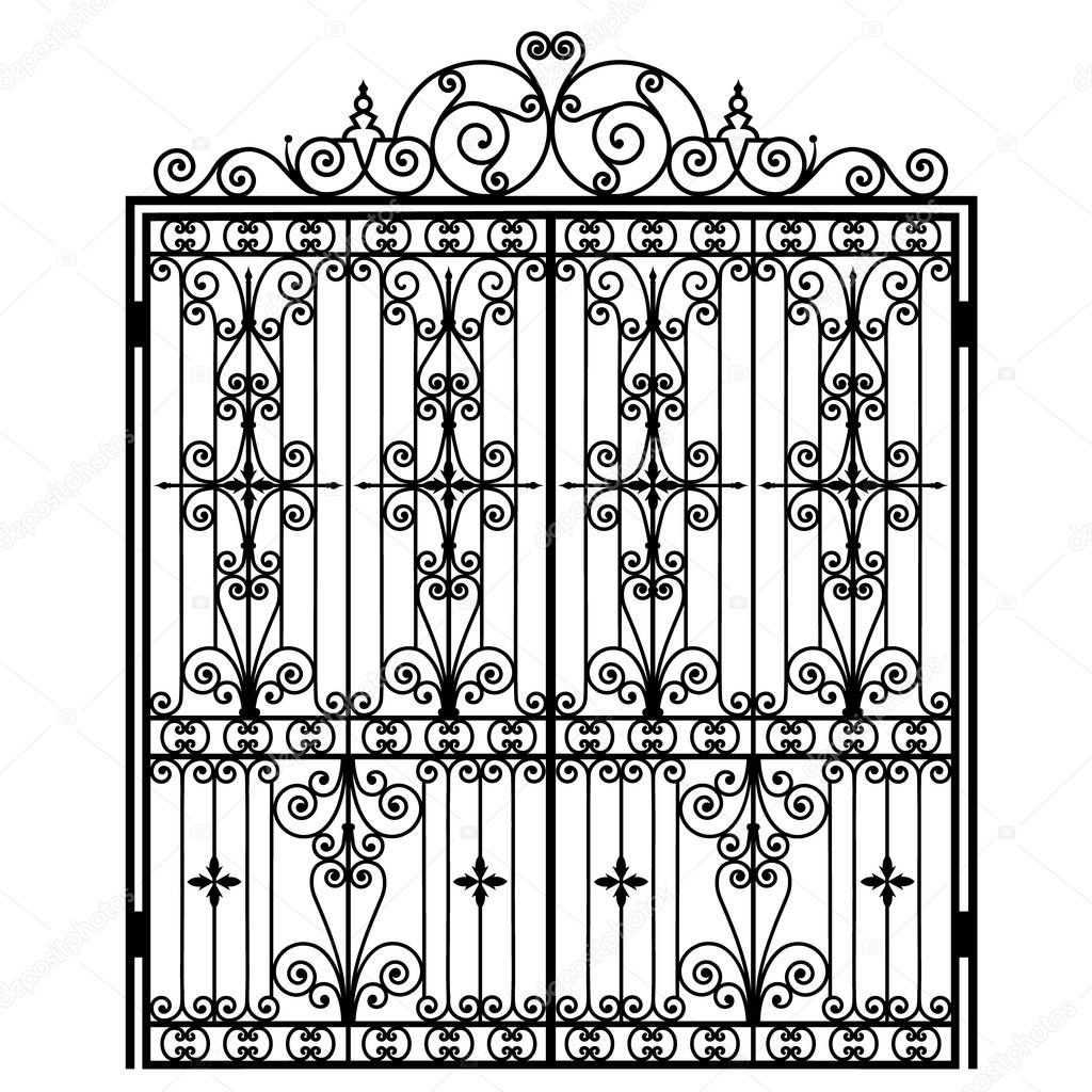 Black metal gate with forged ornaments on a white background
