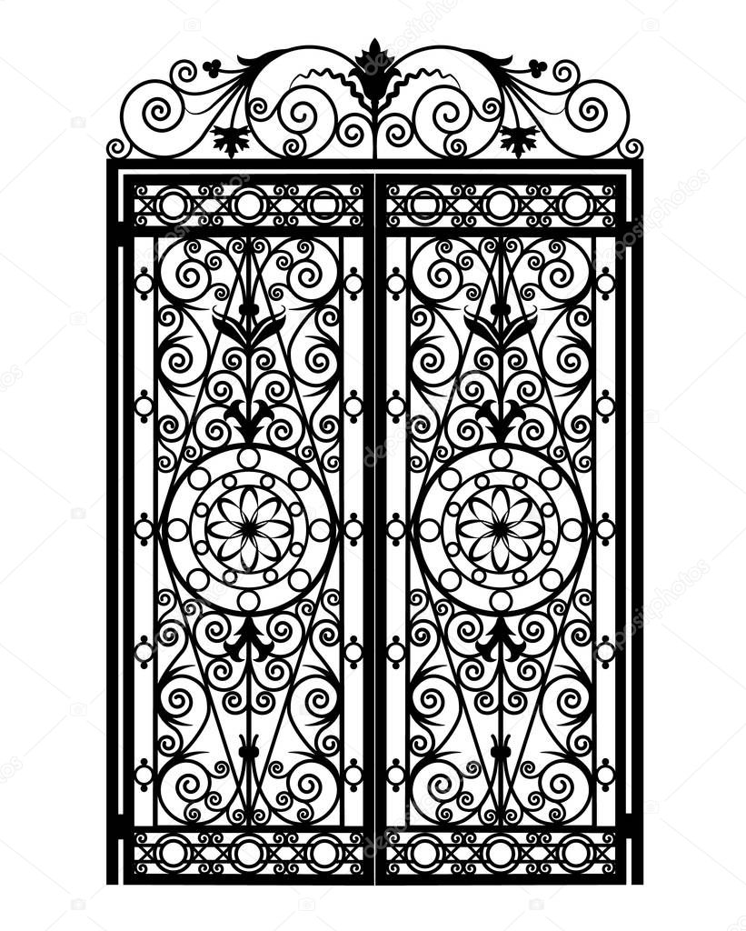 metal gate with forged ornaments on a white background