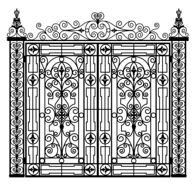 Beyaz bir arka plan üzerinde sahte süslemeli siyah metal geçit