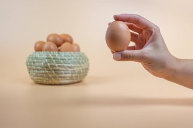 Arka plan bej rengi yumurta dolu ahşap bir sepet ile çiğ bir yumurtayı parmak uçlarıyla tutan bir kızın elini kapatın.