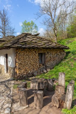 Duvarında odun olan bir dağ kulübesi ve ağaç gövdelerinden yapılmış sandalyeli ahşap banklar.