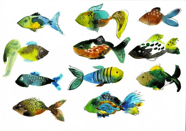 Beyaz arka planda suluboya balıkları. Karikatür illüstrasyon, tasarım için izole elemanları.