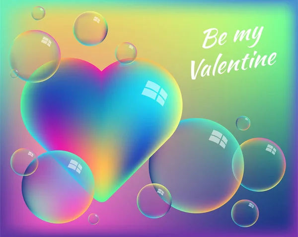 Worden mijn Valentijn. Kleurrijke abstracte achtergrond met regenboog hart en lichte bubbels. — Stockvector