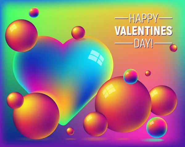 Valentine Day Holographic Foil Abstract Background Rainbow Heart Bright Bubbles — Stock Vector