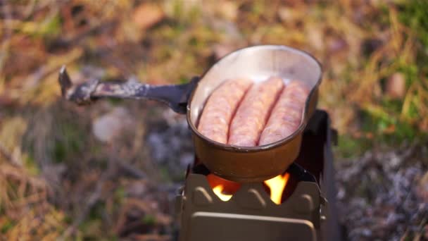 Cucinare Salsicce Stufa Ramoscello All Aperto Vicino — Video Stock