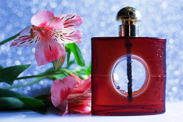Parfumfles Met Bloemen Blue Bokeh Achtergrond — Stockfoto