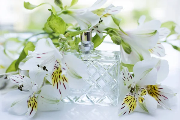Butelka Perfum Kwiatami Jasnym Tle — Zdjęcie stockowe