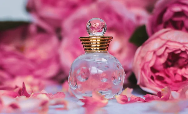 Małą Butelkę Perfum Płatkami Róż — Zdjęcie stockowe