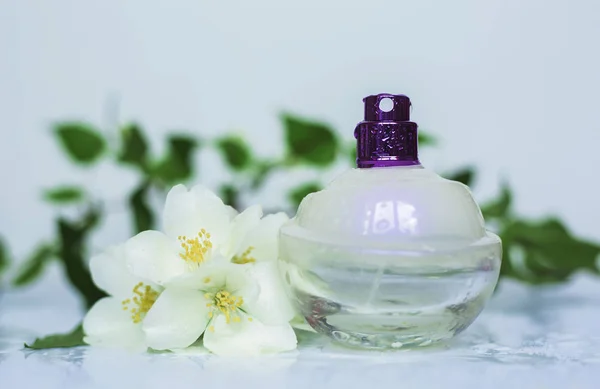 Parfüm Und Zarte Frühlingsblumen — Stockfoto