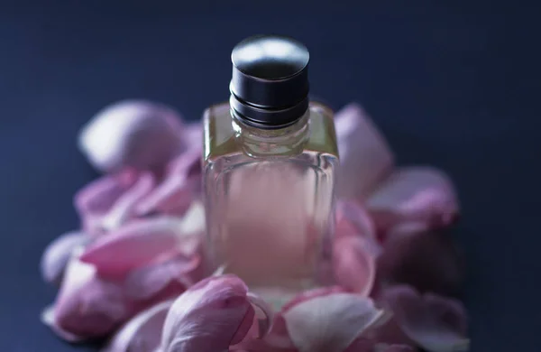 Garrafa Perfume Com Flores Pétalas Rosa — Fotografia de Stock