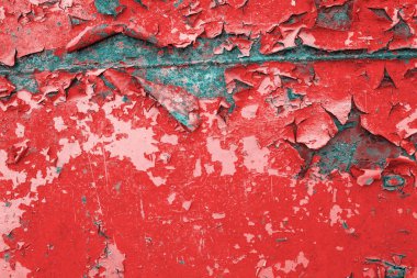 bir büyük paslı ve metal korozyon, yontma boya, peeling ve boya, kırmızı doku çatlama ile eski arka plan ile boyalı demir yüzey