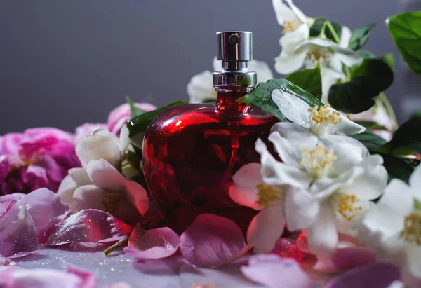 Butelkę Perfum Rose Niebieskim Tle — Zdjęcie stockowe