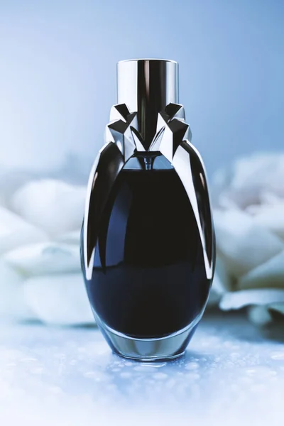 Female Blck Perfume Blue Background — Stock Photo, Image