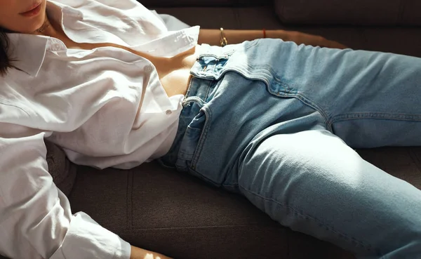 Woman Blue Denim Overall Posing — Stock Photo, Image