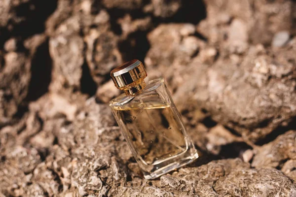 Taşlardan Oluşan Bir Arka Planda Parfüm Şişesi — Stok fotoğraf