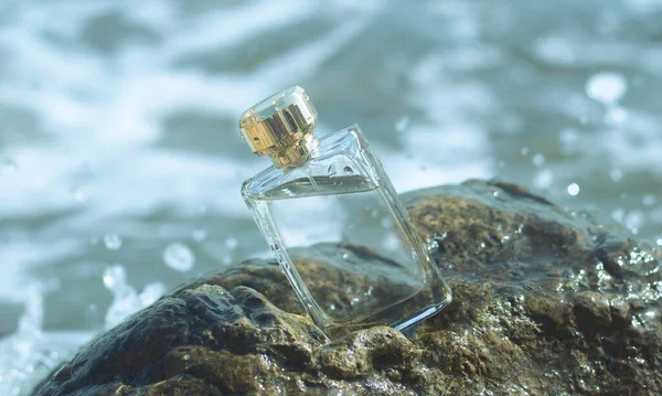 Perfume bottle on sea background