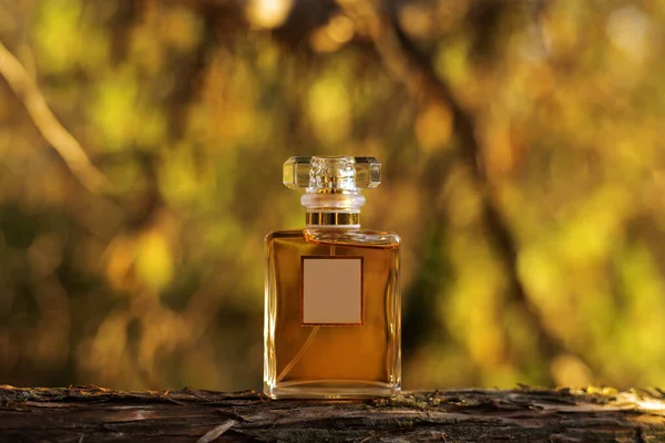 Frasco Perfume Sobre Fondo Amarillo Naturaleza —  Fotos de Stock