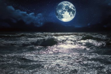 Denizin gece manzarası. Deniz ve ay..