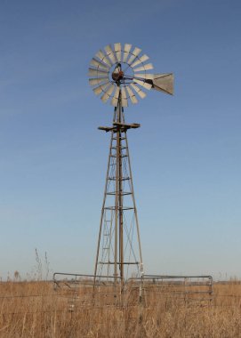 Kuru otların arasındaki bir yel değirmeninin yakınına.
