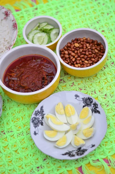 Cucina Tradizionale Malese Nasi Lemak Che Serve Sul Piano Del — Foto Stock