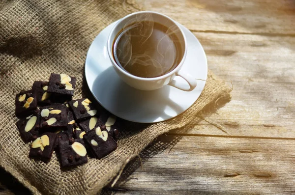 Coffee Cup Brownies Cookies Vintage Kitchen Table Top View Copyspace — Stock Photo, Image