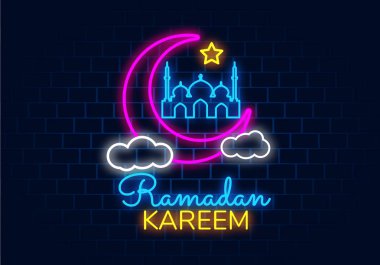 Ramazan Kareem vektör afiş neon tarzı, gece parlak tabela, kutlama Müslüman topluluk Festivali, İslam tebrik tasarım, tebrik kartı, reklam
