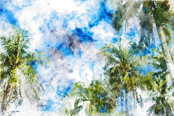 Palmen Kokospalmen Auf Dem Blauen Himmel Aquarell Bild Effekt Hintergrund — Stockfoto