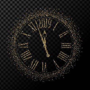 Vektör 2019 mutlu yeni yıl altın glitter klasik saat şeffaf arka plan üzerinde şekil Eps10.