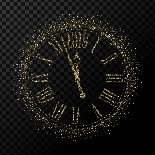 Вектор 2019 Счастливого Нового Года Золотые Блестки Классические Часы Прозрачном — стоковый вектор