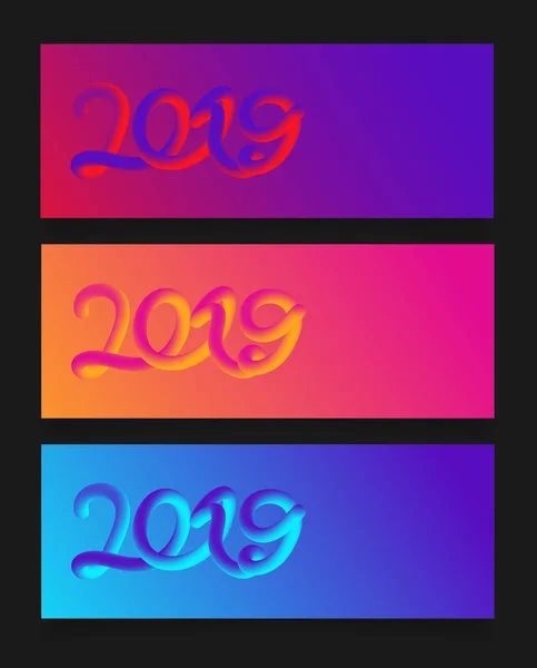 Feliz Año Nuevo 2019 Tarjeta Con Figuras Neón Colores Banner — Vector de stock