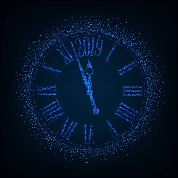 Carte Nouvel 2019 Avec Horloge Classique Sur Fond Bleu Avec — Image vectorielle