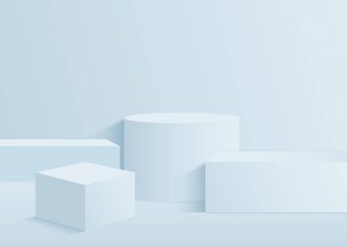 Arkaplan vektörü 3d mavi, podyum ve asgari mavi duvar sahnesi, soyut arkaplan 3d, soyut geometrik şekil mavi pastel rengi. Modern web sitesinde ürün için aşama