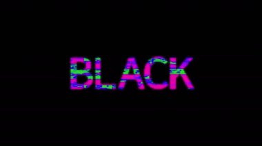 Kara Cuma metni neon siber punk stili arıza animasyonu. 4K çözünürlüğü. Kara Cuma satış konsepti animasyonu